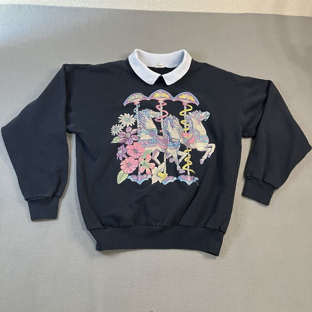 Cal Pacific Vintage 90s 3D Carousel Horse Glitter Collared Sweatshirt Womens S/M